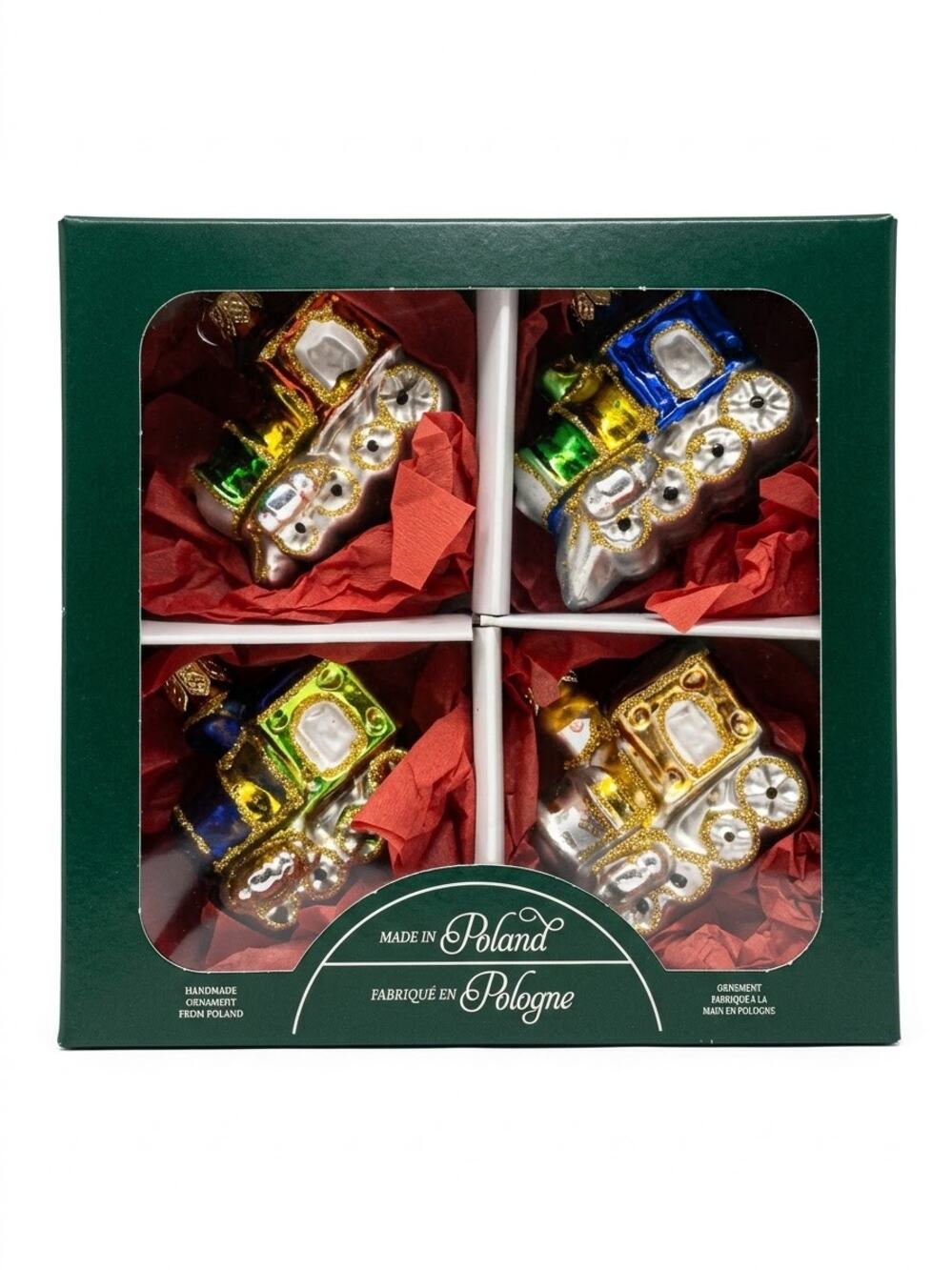 Vintage Polish Glass Train Ornaments Set of 4, Hand-Blown Christmas Tree Decor